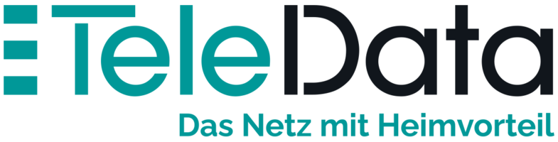 Logo der Teledata Logo von TeleData mit dem Slogan „Das Netz mit Heimvorteil“, das auf Internet- und Netzwerkdienstleistungen hinweist.